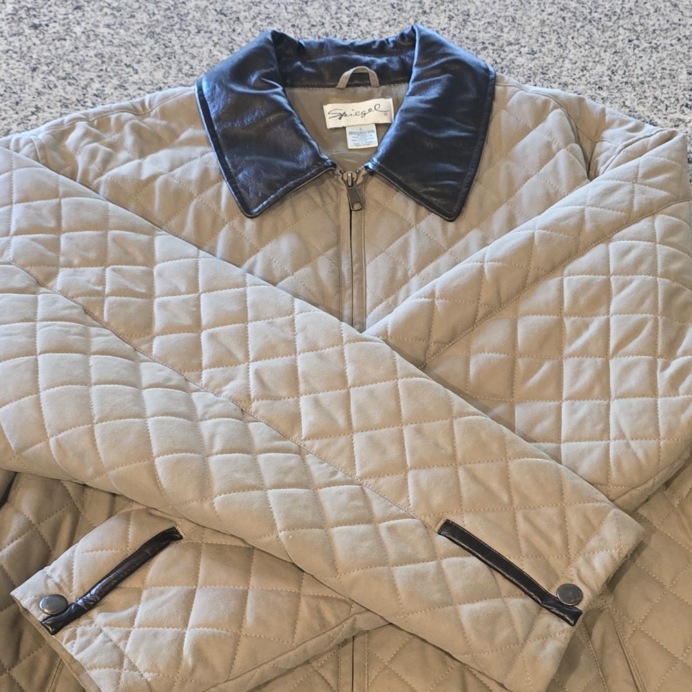 Vintage Spiegel Beige Quilted Jacket with Dark Faux Leather Trim